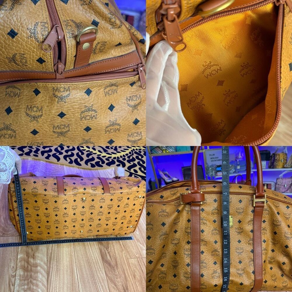 Mcm Viseto Cognac Leather Weekender Round Duffle Bag w/ handle coupler wrap 55cm - Picture 12 of 15